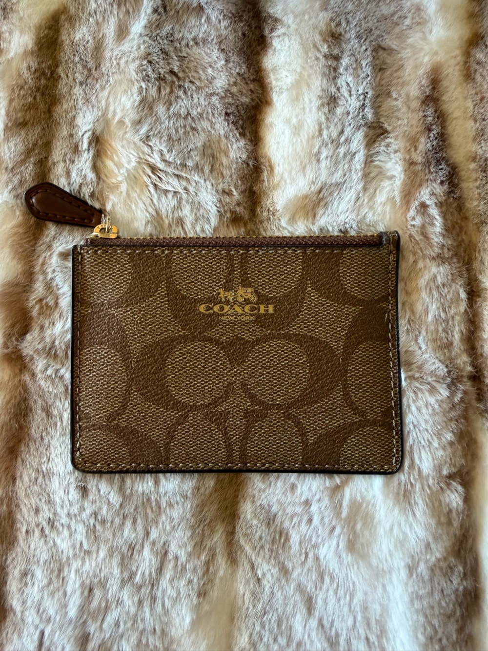 Coach Brown Signature Canvas Zip Card Wallet with Gold Logo